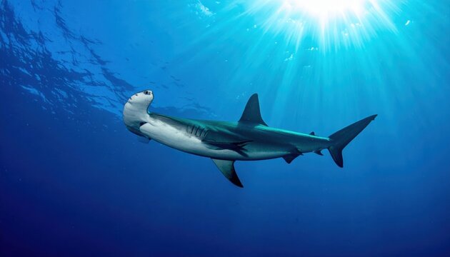 A distinctive hammerhead shark cruises gracefully in deep blue ocean waters with sunlight rays filtering from above