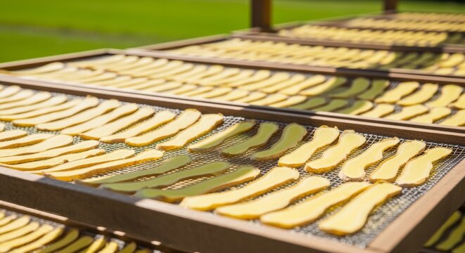 Sun Drying Slices of Fresh Produce on Outdoor Racks