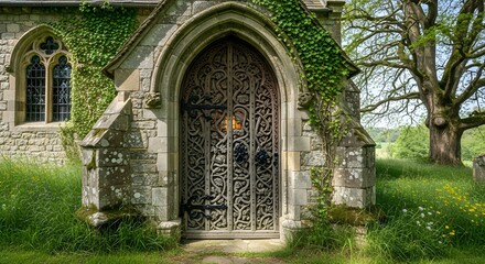 Obraz premium ornate stone church door with ivy and stained glass window