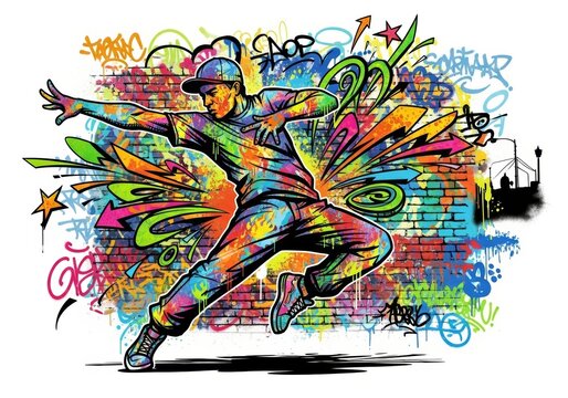 Man breakdancer performing dynamic move against brick wall covered in colorful graffiti. Street dance culture and urban art style. Energetic male hip hop dancer in expressive pose.