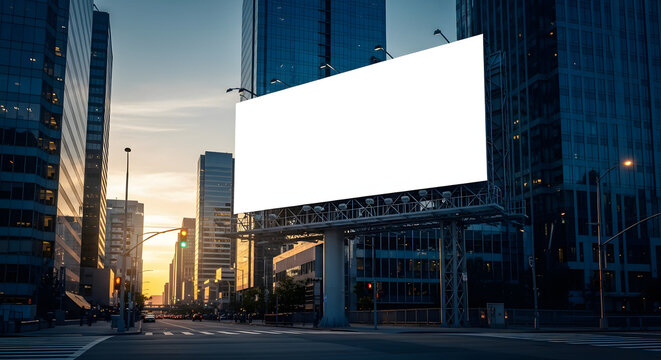 Prominent blank billboard awaiting your message on a bustling urban street amidst modern city skyscrapers at dusk