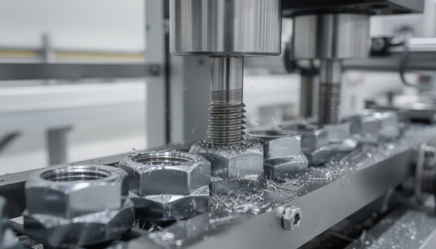 Medium shot of a nut tapping machine precisely cutting internal threads into lock nuts showcasing industrial automation and detailed metalwork in a manufacturing plant.
