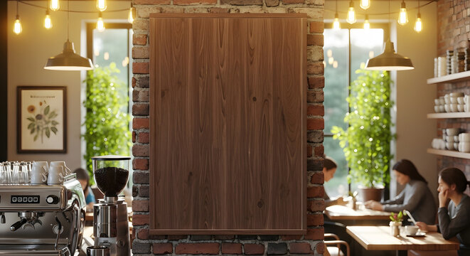Cozy coffee shop interior with a blank wooden menu board perfect for showcasing daily specials and fresh drink creations