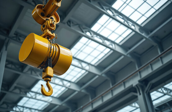 Yellow overhead crane hook with roller assembly hangs inside large industrial workshop. Metal chains connect hook to hoist machinery. Building roof features skylights for natural illumination.