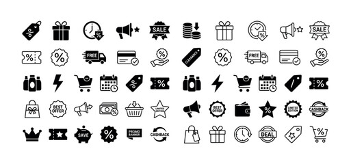 Fototapeta premium Comprehensive collection of black and white shopping icons illustrating various e-commerce concepts like sales, discounts, and special offers
