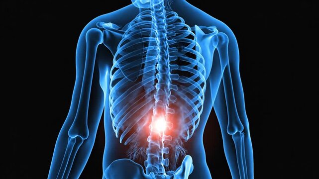 Animated visualization of human spinal anatomy highlighting key regions and structures in a dynamic digital format