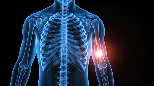 Digital representation of human skeletal structure highlighting shoulder joint pain areas in medical imaging visual