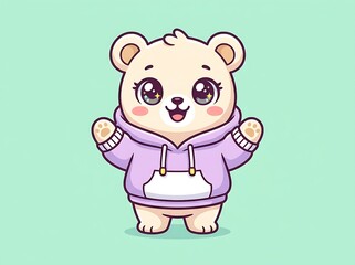 Fototapeta premium Cute and cuddly cartoon polar bear character wearing a lavender hoodie, with large expressive eyes and a friendly smile, waving its paws