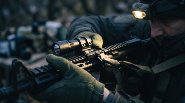 Medium shot capturing the installation of a quickdetach light mount on a versatile rail showcasing rapid attachment and detachment in lowlight conditions.