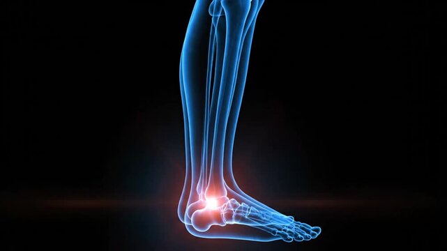 Visual depiction of human feet experiencing joint pain with skeletal and neural details in a dynamic sequence