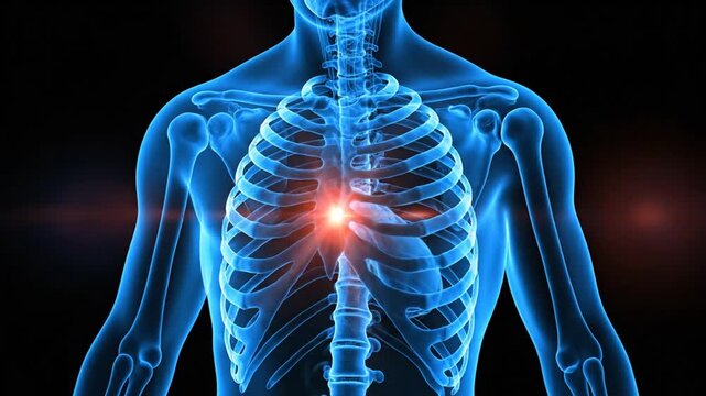 Visualization of Human Thoracic Skeleton with Emphasis on Cardiac Region Highlighted in Bright Red