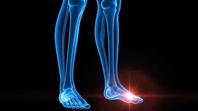 Dynamic visualization of human lower limb bones highlighting joint movements and potential pain points