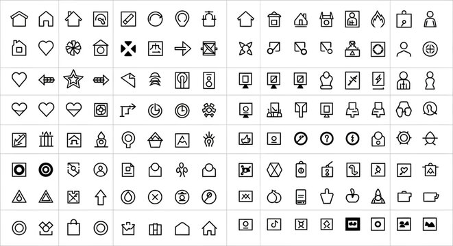 The illustration displays various icons and symbols arranged in rows on a plain surface for design purposes.
