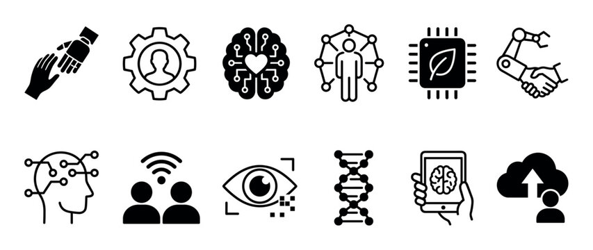 Comprehensive collection of black and white technology and artificial intelligence icons, illustrating concepts such as human-robot interaction, data processing, biotechnology, and digital innovation