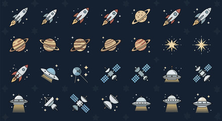 Rockets and satellites launch into space with planets and stars © reyro22