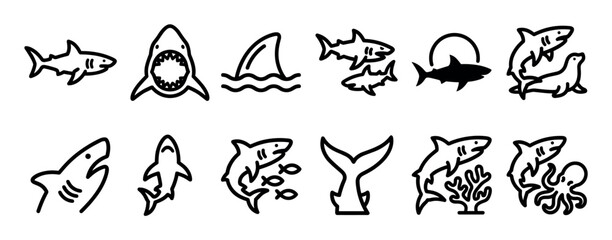 Fototapeta premium Collection of diverse black outline shark icons and marine life illustrations are presented in a simple, cartoonish style, depicting various poses and interactions