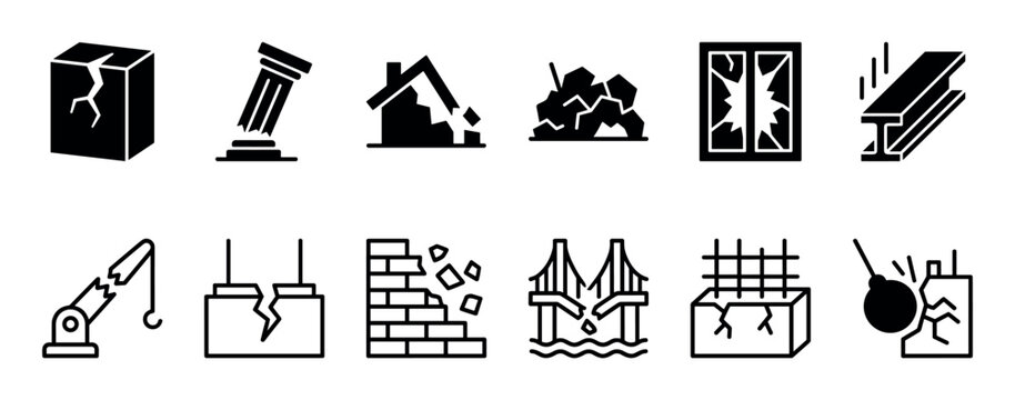 Various black and white icons depicting structural damage, building collapse, and destruction, showcasing elements like cracked walls, broken bridges, shattered windows, and falling debris