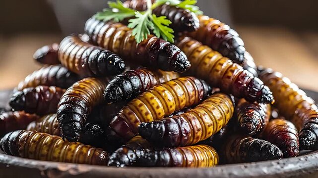 Closeup of a pile of cooked edible insects a delicacy in many cultures.