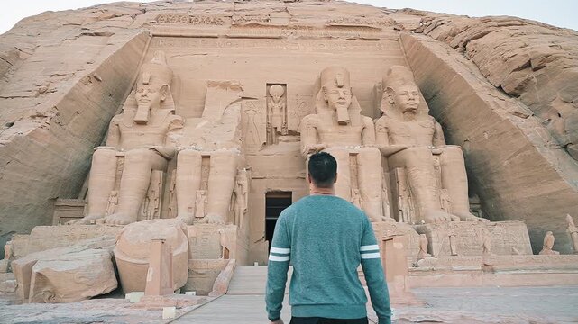 The great temple of Ramesses II, Abu Simbel, upper Egypt. Aswan, Egypt : Great Abu Simbel ancient temple of Pharaoh Ramses II in southern Egypt in Nubia next to Lake Nasser.