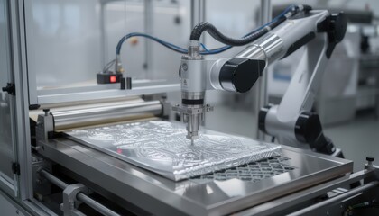Medium framing of automated robotic system pressing detailed designs onto foil sheets showcasing advanced programmable embossing technology in a modern manufacturing environment.