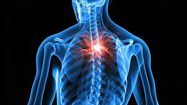 Visual representation of human skeletal system highlighting the thoracic region with glowing red areas signifying internal focus