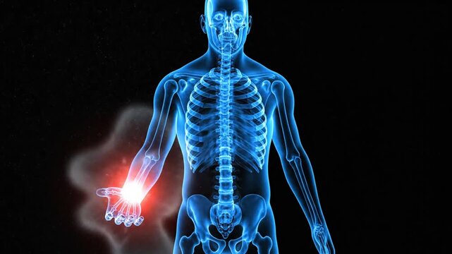 Dynamic visualization of human skeletal system highlighting joint pain and inflammation in upper limbs