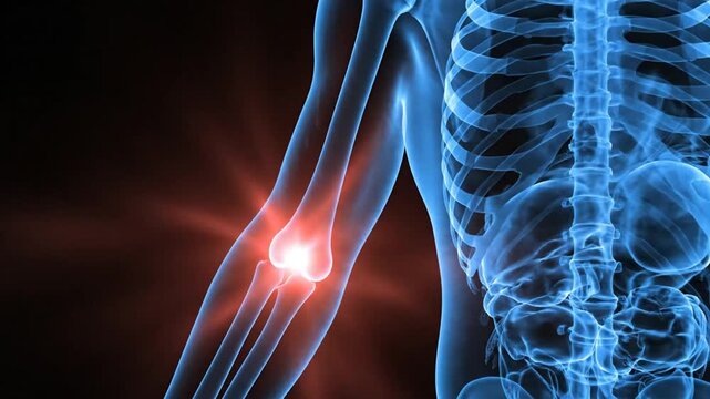Visual progression of human skeletal structure highlighting joint inflammation and pain areas in neon blue with glowing red