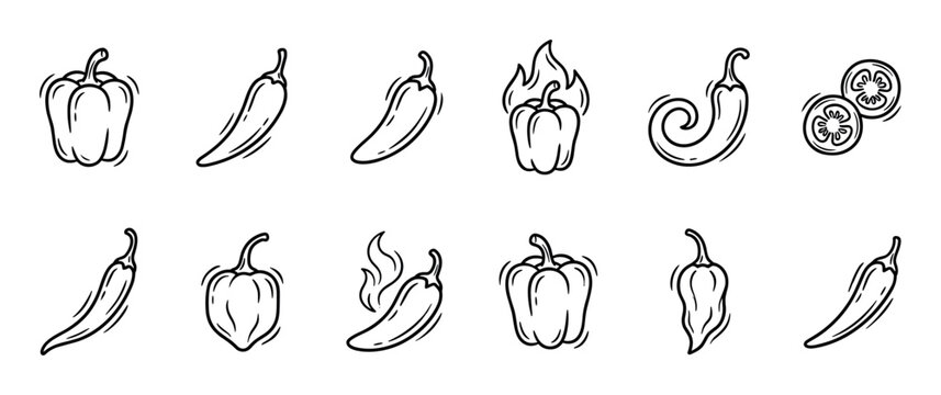 Twelve hand-drawn black and white pepper illustrations showcase a variety of bell peppers, chili peppers, and sliced peppers with some indicating spicy heat in a doodle style