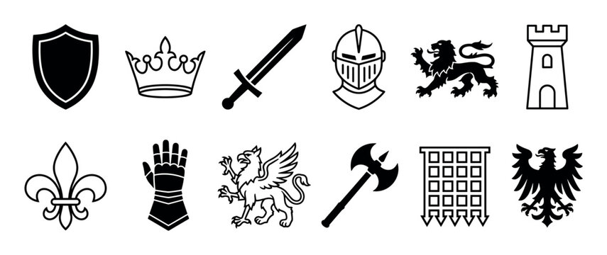 Collection of medieval heraldic symbols and icons, including a shield, crown, sword, knight helmet, lion, castle, fleur-de-lis, gauntlet, griffin, axe, portcullis, and eagle, presented a graphic style