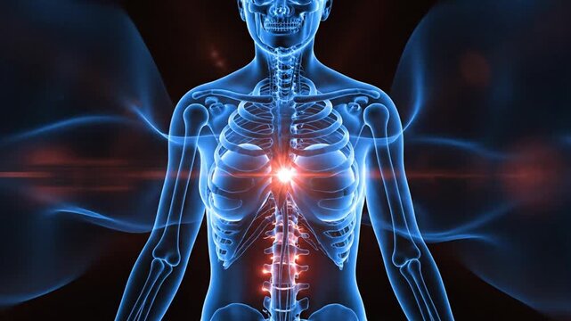Digital illustration of human skeletal structure highlighting spinal region and chest with vibrant lighting effects