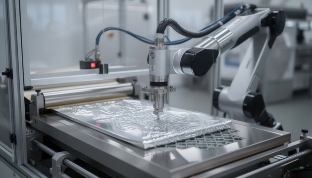 Medium framing of automated robotic system pressing detailed designs onto foil sheets showcasing advanced programmable embossing technology in a modern manufacturing environment.