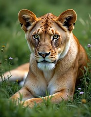 Fototapeta premium Lioness rests in green grass with small flowers. Big cat looks intently at camera. Fierce predator appears calm in natural habitat. Wildlife portrait.