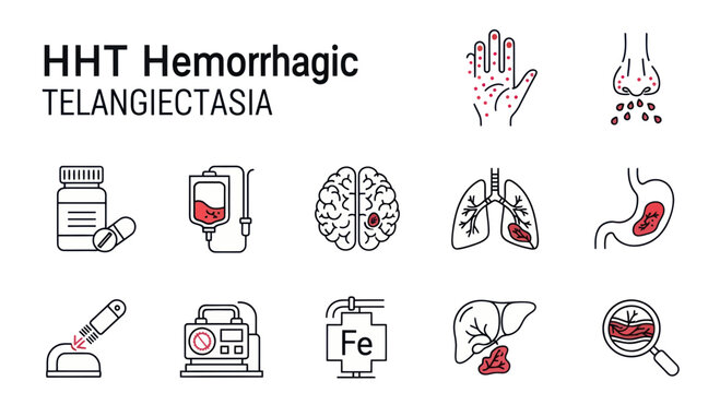 HHT Hemorrhagic Telangiectasia Medical Icons: Brain, Lungs, Liver, Nose