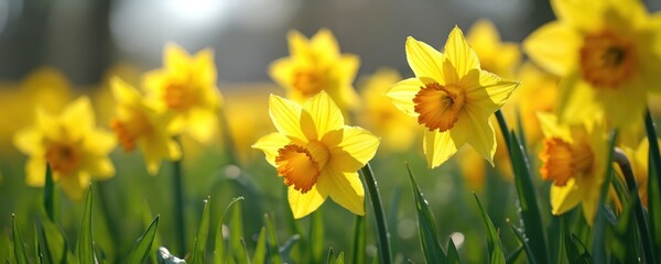 Fototapeta premium Field of yellow daffodils with green grass under bright sunlight. Many narcissus flowers bloom together. Springtime nature scenery with vibrant yellow and green colors, perfect for garden.