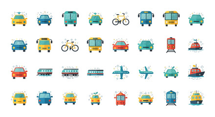 A collection of various colorful vehicles and modes of transportation icons arranged in rows on a plain surface. © reyro22