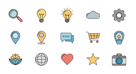 Illustrations of various icons including a magnifying glass, light bulbs, and a shopping cart on a white background © reyro22