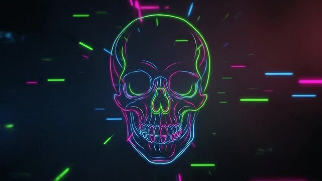 A vibrant neon illustration of a skull with colorful lines on a dark background