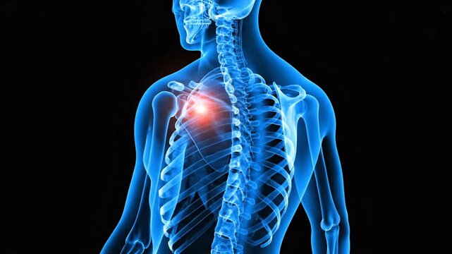 Digital visualization of human skeleton with focus on shoulder pain highlighting joint inflammation and skeletal structure