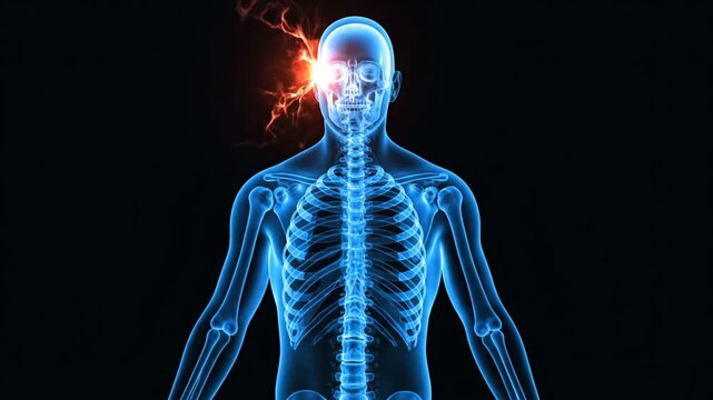 Digital illustration of human skeletal system with lightning effects on head emphasizing neurological pain or stress
