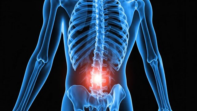 Dynamic visualization of human skeletal system highlighting lower back pain points