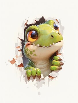 Little green dinosaur baby peeking through a cracked wall. Cute reptile hatchling with big eyes curious about the world. Funny animal portrait for children book and nursery design.