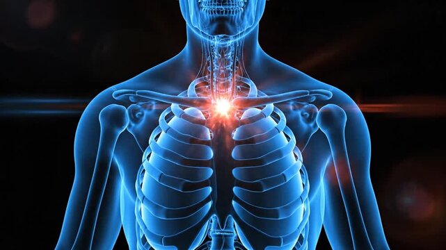 Digital visualization of human thorax with illuminated heart highlighting cardiovascular system