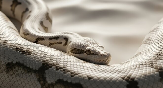 White python snake coiled on light fabric. Close up portrait of exotic reptile with textured skin pattern. Wildlife photography concept focusing on beauty of nature and predator animal.