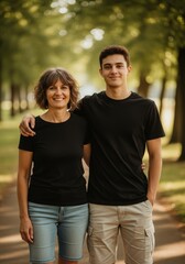 Obraz premium Mother and son posing outdoor in park. Happy woman and teenager standing together in casual clothing. Loving family portrait during sunny day. Relationship, unity and togetherness concept.