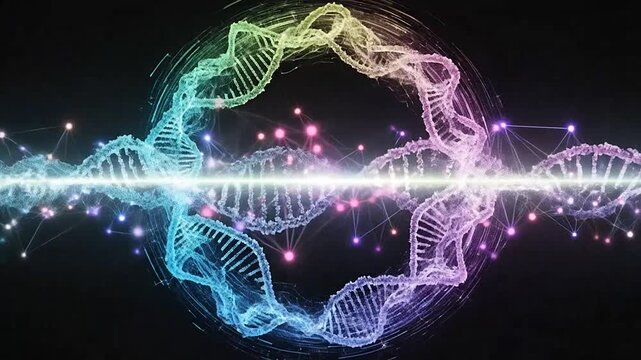 A colorful illustration of a double helix structure with a network of connections on black