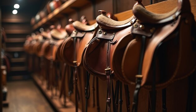 Several leather saddles hang on wooden shelf in dimly lit showroom. Horse tack, including bridles and stirrups, is displayed in rows. Equestrian equipment is neatly stored in stable or tack room.