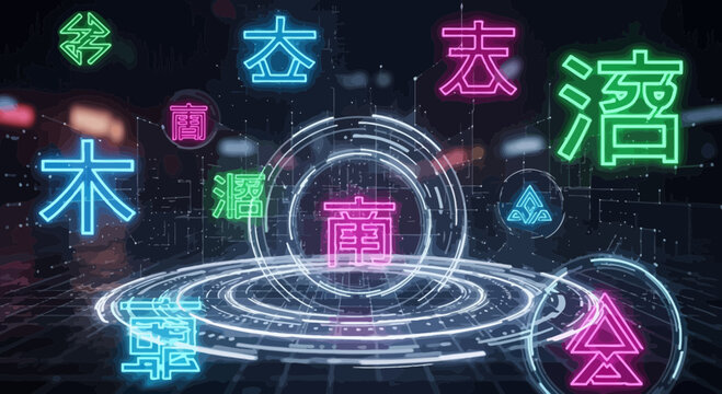 Futuristic Neon Chinese Characters and Digital HUD Interface