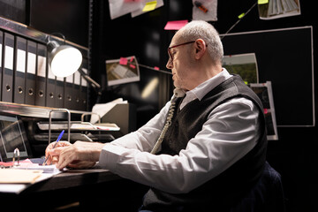 Fototapeta premium Older male detective speaking on a landline phone for secret mission, cross checking case files and analyzing fingerprints on a mystery board. Authenticity of evidence for law enforcement.