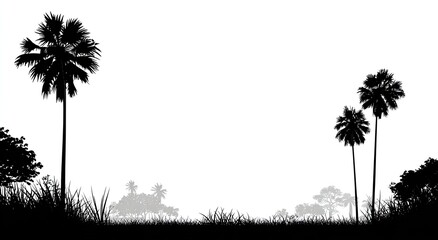 Obraz premium Silhouette of palm trees and other vegetation against a bright white sky (1)