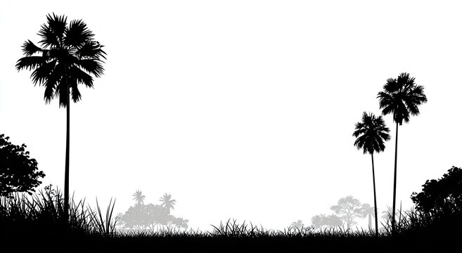 Silhouette of palm trees and other vegetation against a bright white sky (1)